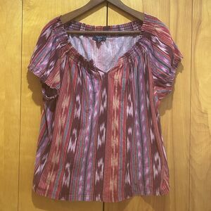 Chaps Womens Multicolor Aztec Southwestern Print Top-Sz 1X-Smocked Neckline/Slv‎